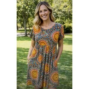 blue Medallion Shift Dress Pockets large 80's knit bohemian artsy mandala casual